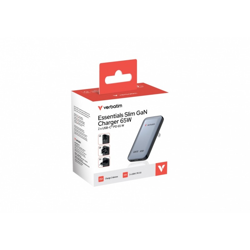 Ładowarka Essentials Slim GaN 65W 2x USB-C, US/UK/UE szara | PartsPC.pl