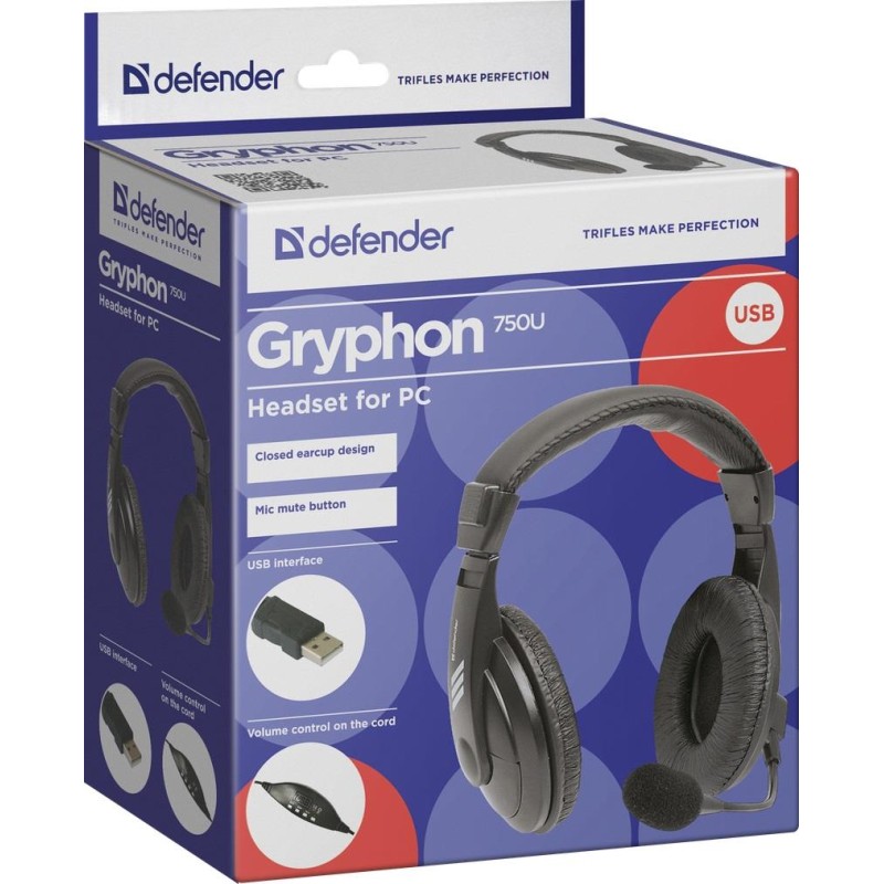 Słuchawki z mikrofonem Defender GRYPHON 750U USB czarne | PartsPC.pl