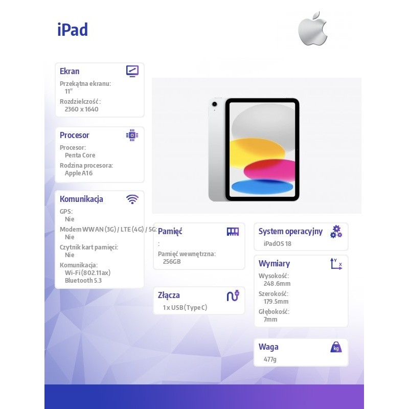 Apple iPad WiFi 11 cali 256GB Srebrny | PartsPC.pl