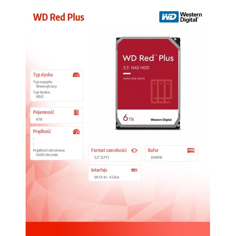 Dysk 3,5 cala WD Red Plus 6TB CMR 256MB/5400RPM | PartsPC.pl
