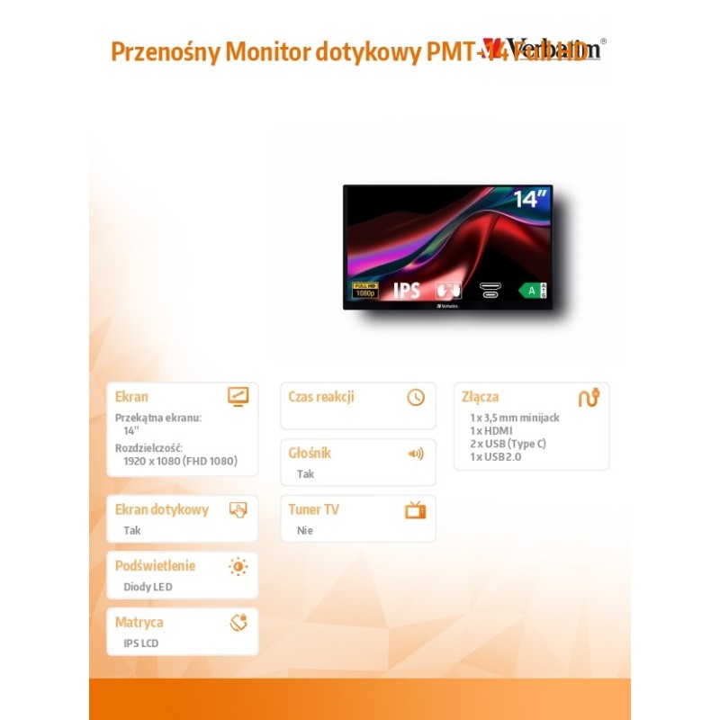 Verbatim Przenośny Monitor dotykowy PMT-14 Full HD | PartsPC.pl