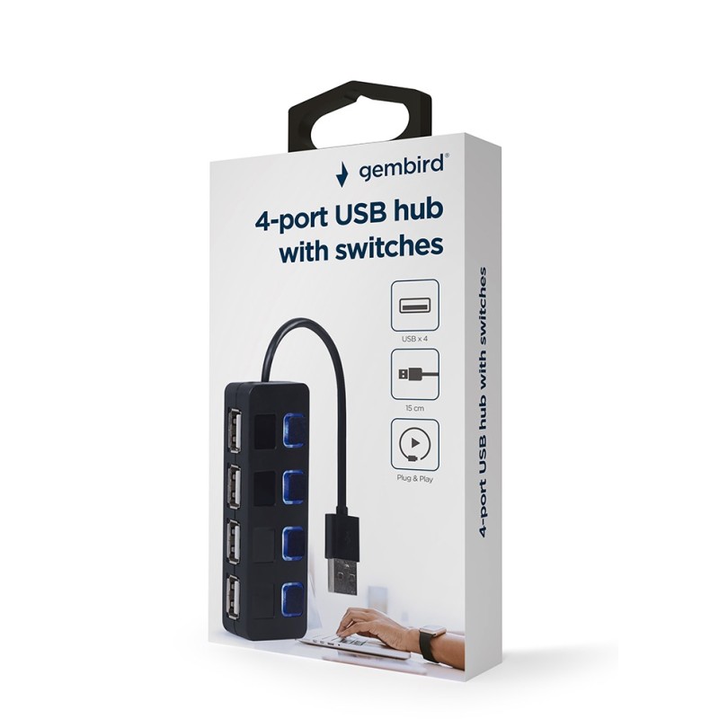 HUB USB 2.0 4-portowy z przełącznikami, czarny | PartsPC.pl