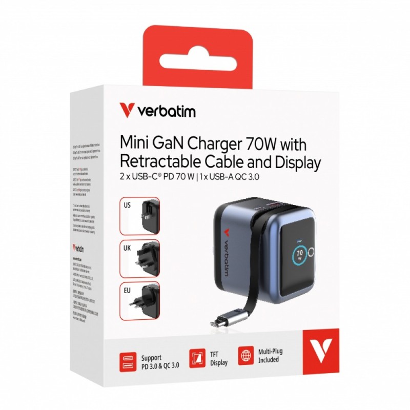 Ładowarka Smart Mini GaN 70W wysuwany kabel USB-C EU, UK, US… | PartsPC.pl
