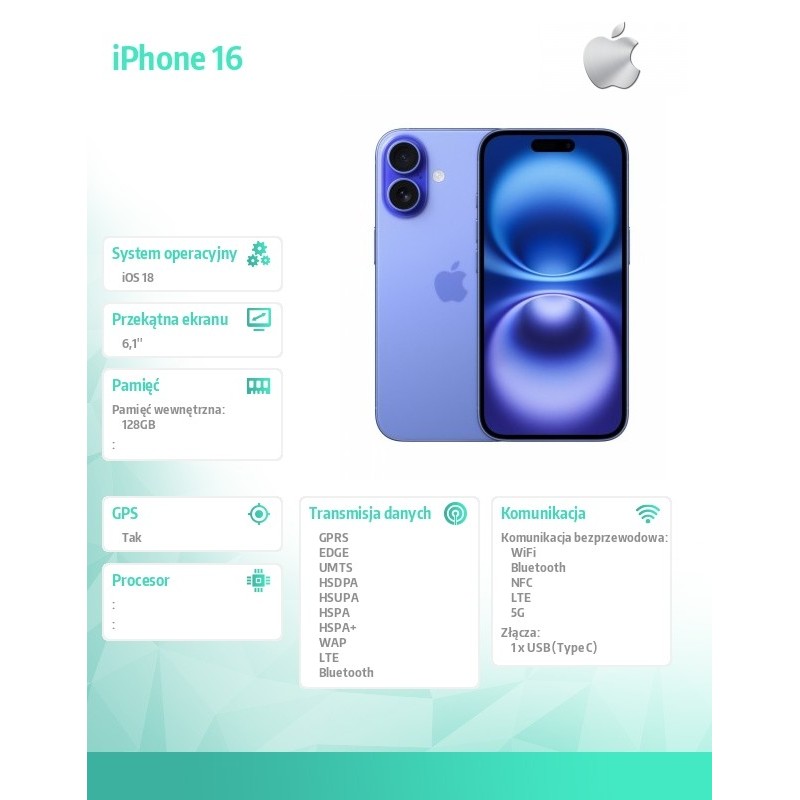 Apple iPhone 16 128GB - Ultramaryna | PartsPC.pl