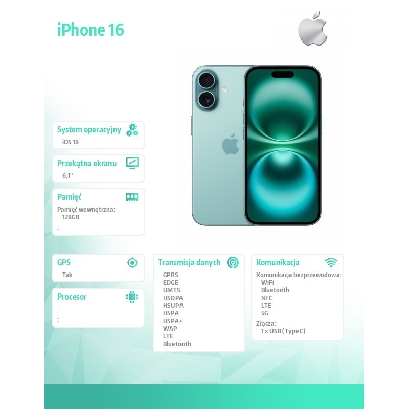 Apple iPhone 16 128GB - Berylowa zieleń | PartsPC.pl
