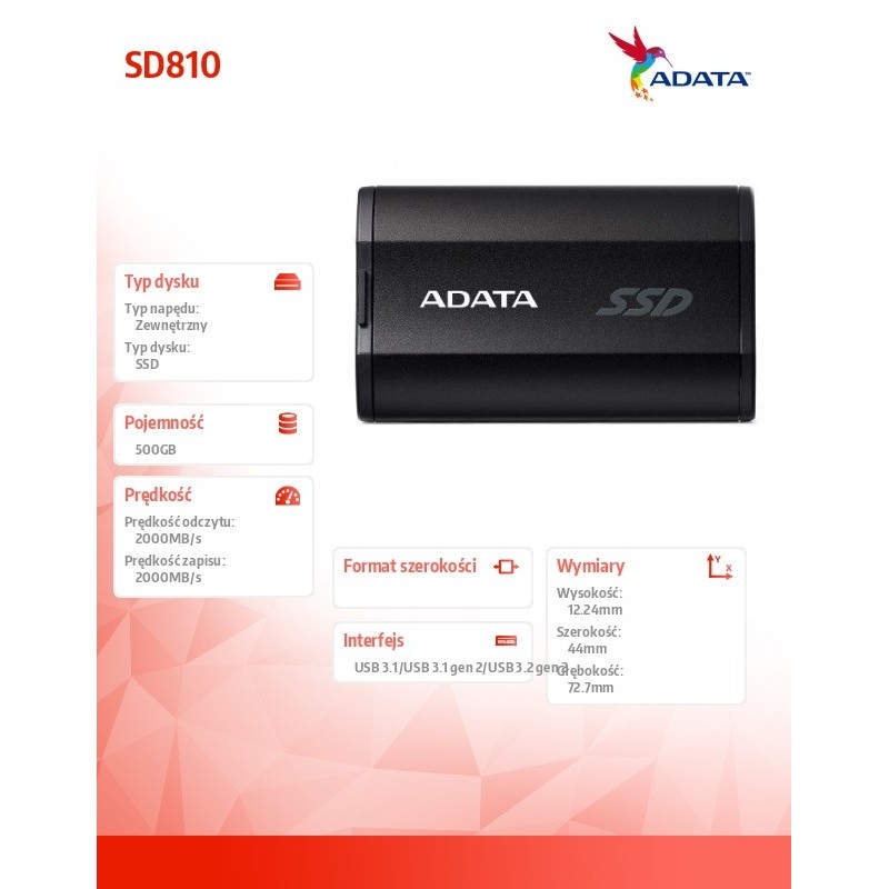 Adata Dysk SSD External SD810 500GB USB3.2 20Gb/s czarny | PartsPC.pl