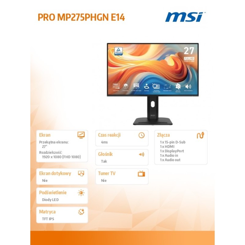 Monitor PRO MP275PHGN E14 27 cali/LED/FHD/Flat/144Hz/Czarny | PartsPC.pl