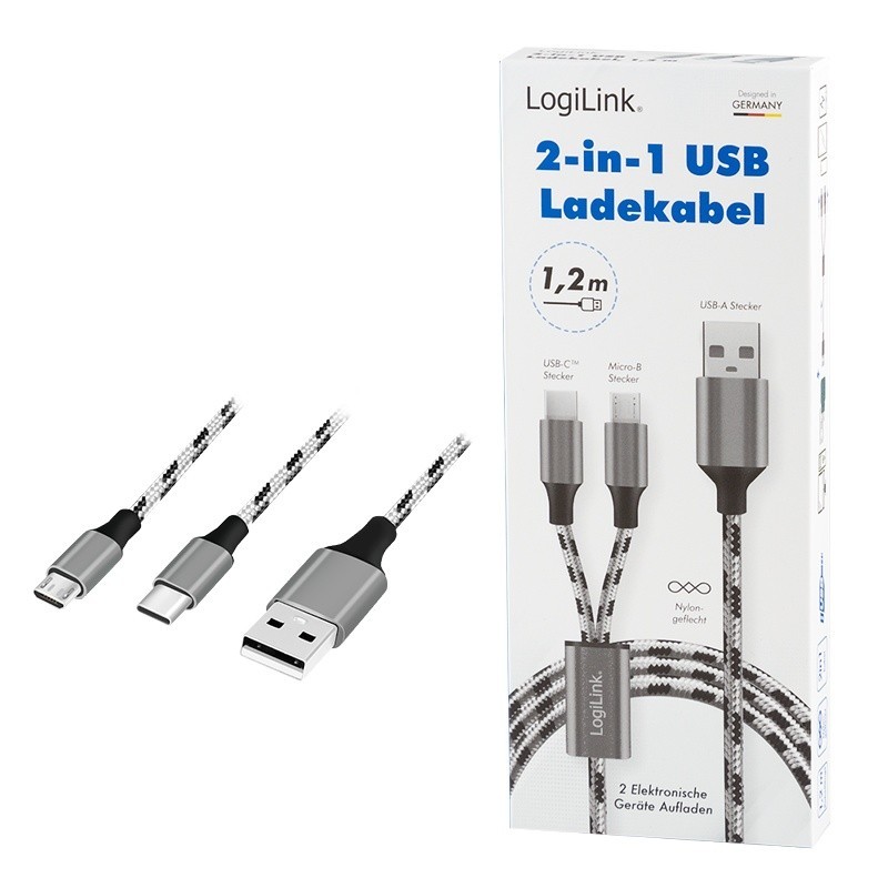LogiLink Kabel USB2.0 A/M do micro USB + USB-C, 1.2m | PartsPC.pl