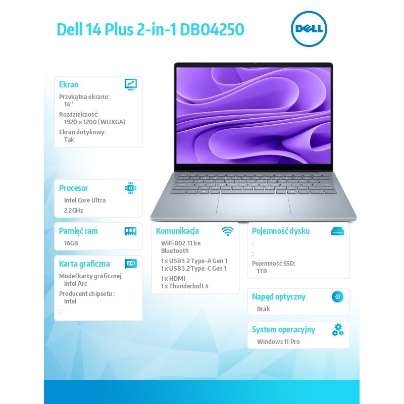 Laptop Dell 14 Plus 2-in-1 DB04250 Win11Pro Ultra 7 256V/16G… | PartsPC.pl