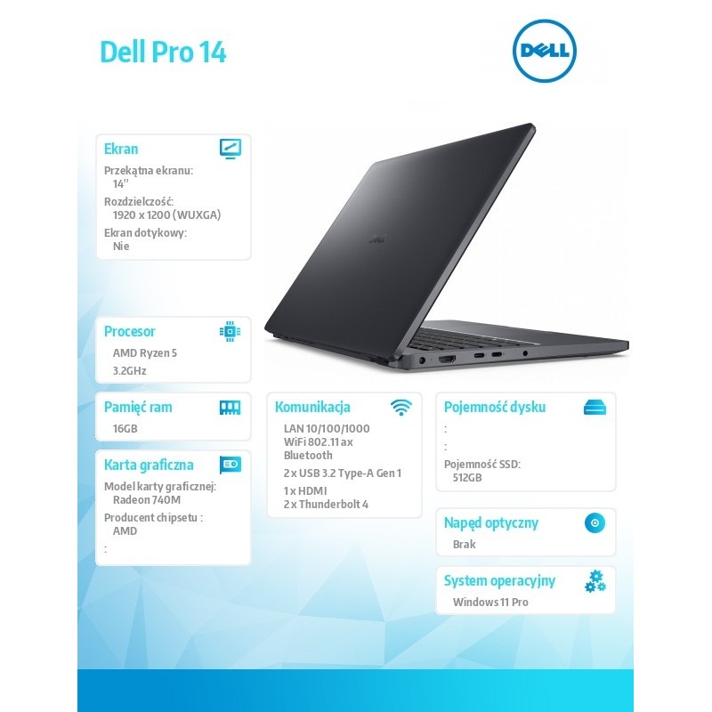 Laptop Dell Pro 14 PC14255/AMD Ryzen 5 220/16GB/512GB SSD CL… | PartsPC.pl