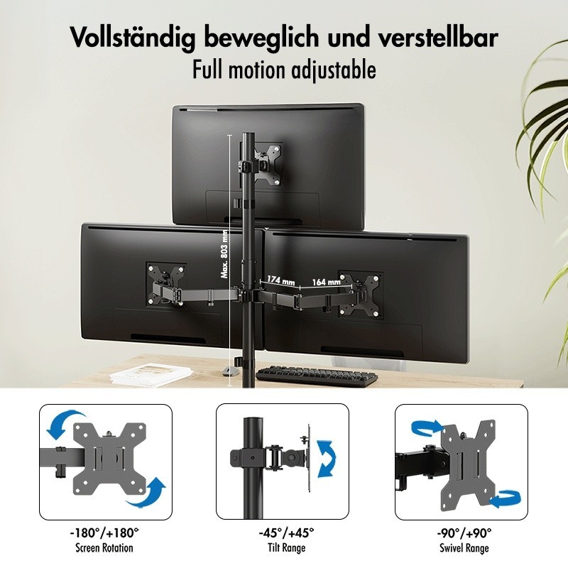 Uchwyt na 3 monitory, 17-27 cale ,max 10kg na ramie | PartsPC.pl