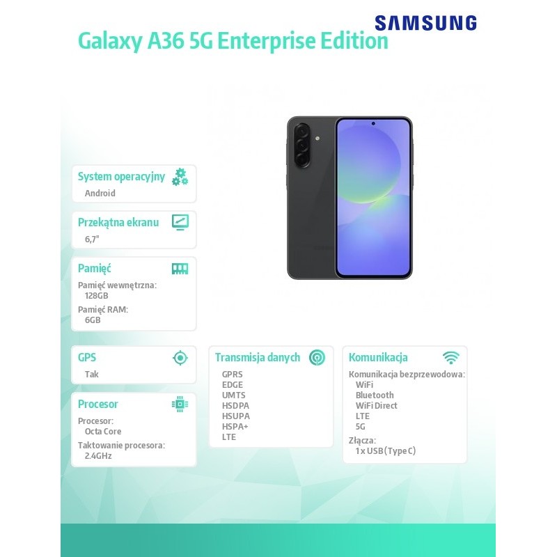 Smartfon Galaxy A36 5G 6/128GB Enterprise Edition czarny | PartsPC.pl