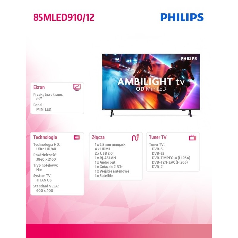 Philips Telewizor 85 cali MiniLED 85MLED910/12 | PartsPC.pl