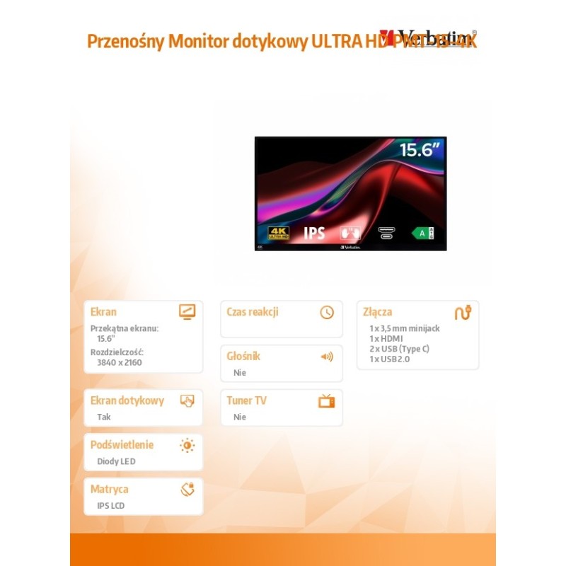 Verbatim Przenośny Monitor dotykowy ULTRA HD PMT-15-4K | PartsPC.pl