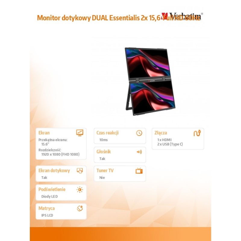 Verbatim Monitor dotykowy DUAL Essentialis 2x 15,6 Full HD 6… | PartsPC.pl