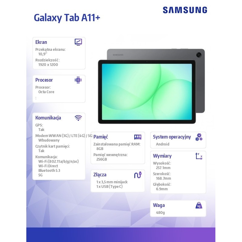 Tablet Galaxy Tab A11+ X236 10.9 cala 5G 8/256 GB Szary | PartsPC.pl