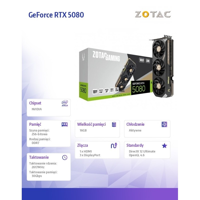 ZOTAC Karta graficzna GeForce RTX 5080 SOLID CORE 16GB GDDR7… | PartsPC.pl