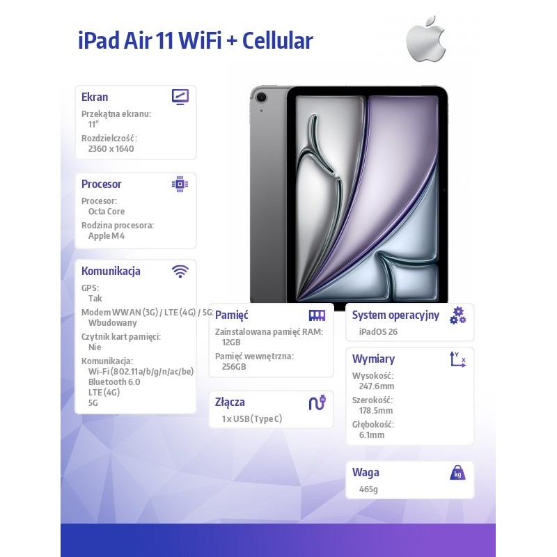 Apple iPad Air 11 cali WiFi + Cellular 256GB Gwiezdna szaroś… | PartsPC.pl