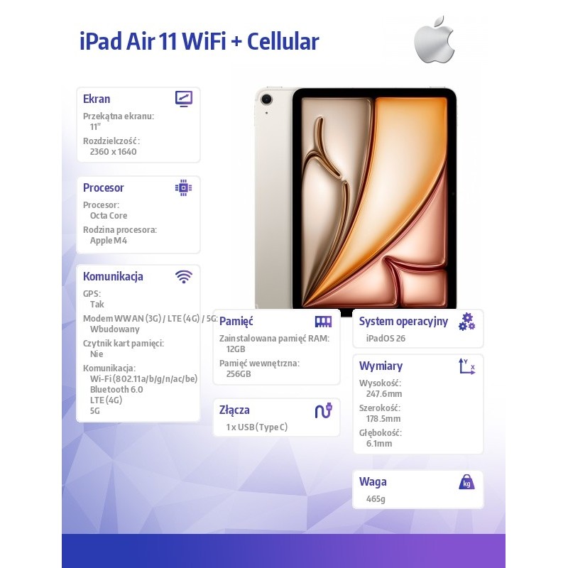 Apple iPad Air 11 cali WiFi + Cellular 256GB Księżycowa pośw… | PartsPC.pl