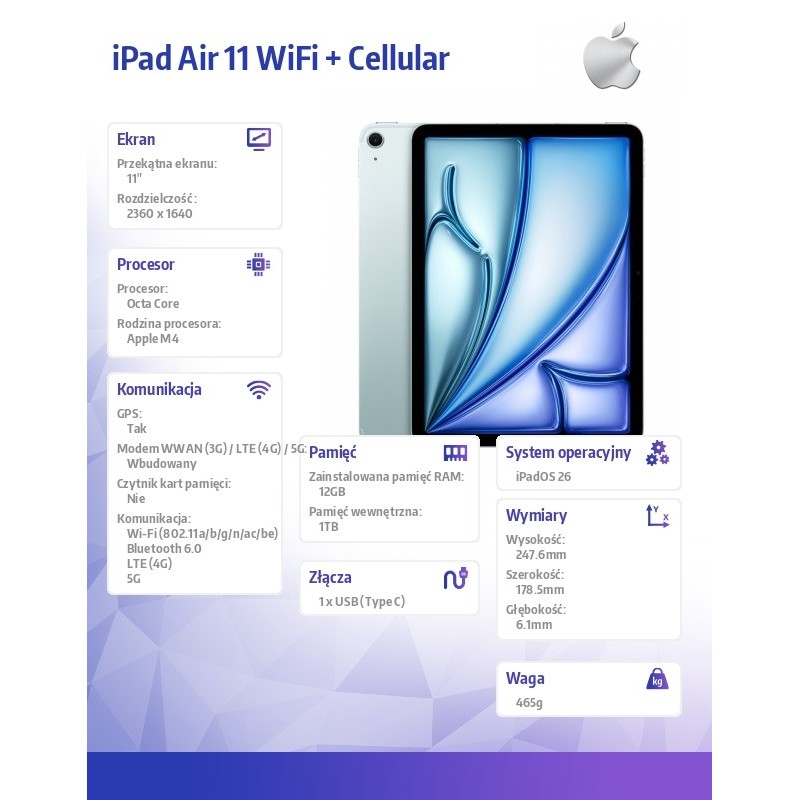 Apple iPad Air 11 cali WiFi + Cellular 1TB Niebieski | PartsPC.pl
