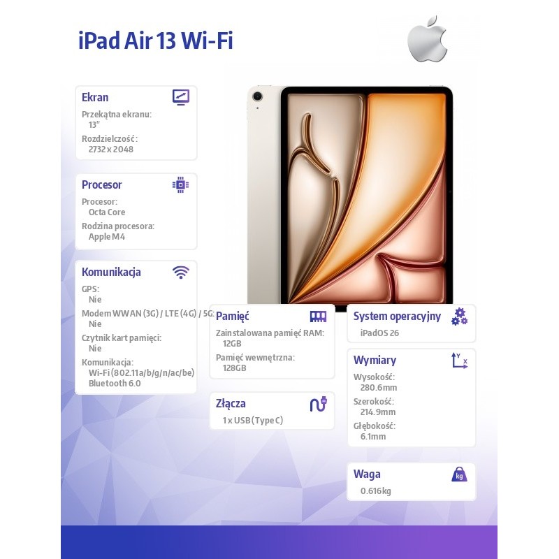 Apple iPad Air 13 Wi-Fi 128GB Księżycowa poświata | PartsPC.pl