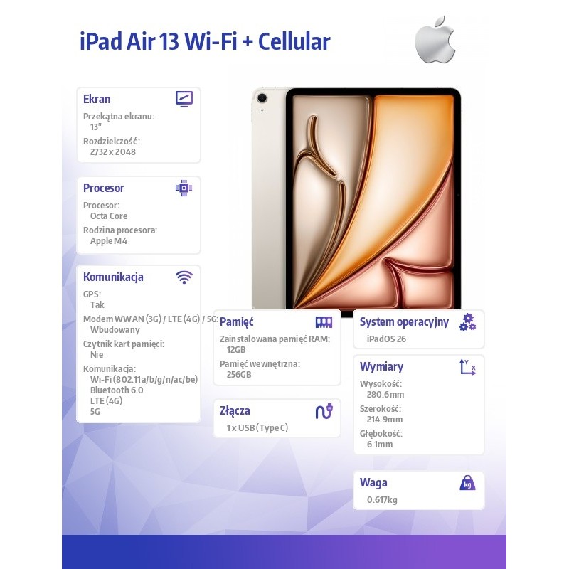 Apple iPad Air 13 cali Wi-Fi + Cellular 256GB Księżycowa poś… | PartsPC.pl