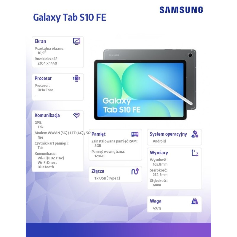 Tablet Galaxy Tab S10 FE X520 10.9 cala Wifi 8/128GB szary | PartsPC.pl