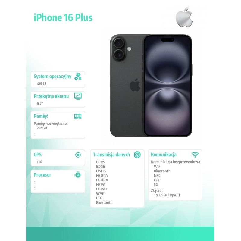Apple iPhone 16 Plus 256GB - Czarny | PartsPC.pl