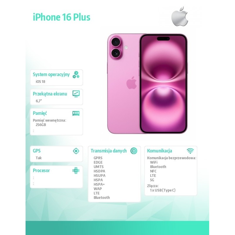 Apple iPhone 16 Plus 256GB - Różowy | PartsPC.pl