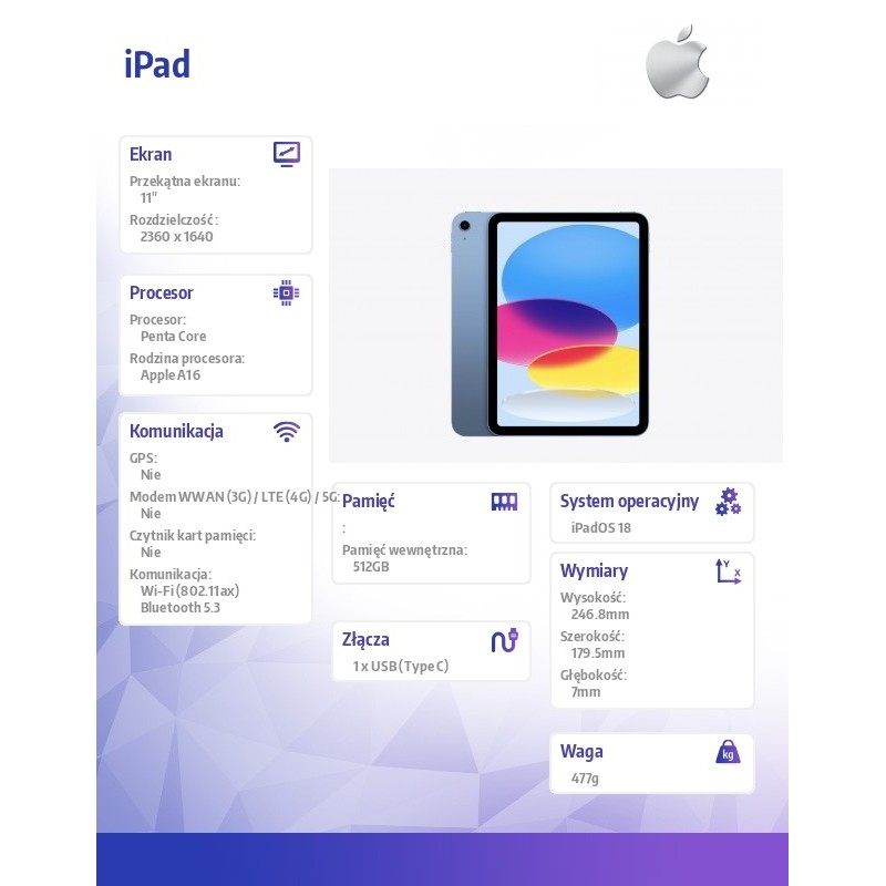 Apple iPad WiFi 11 cali 512GB Niebieski | PartsPC.pl