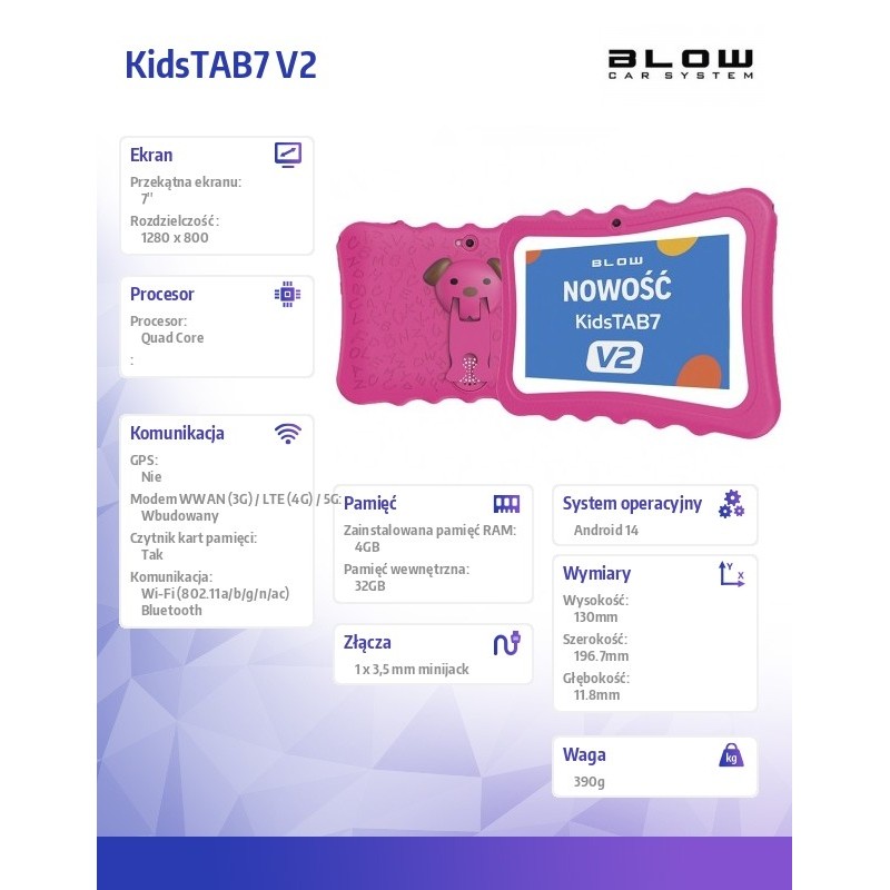 BLOW Tablet KidsTAB7 V2 4/32GB różowe etui kamera 2MP | PartsPC.pl