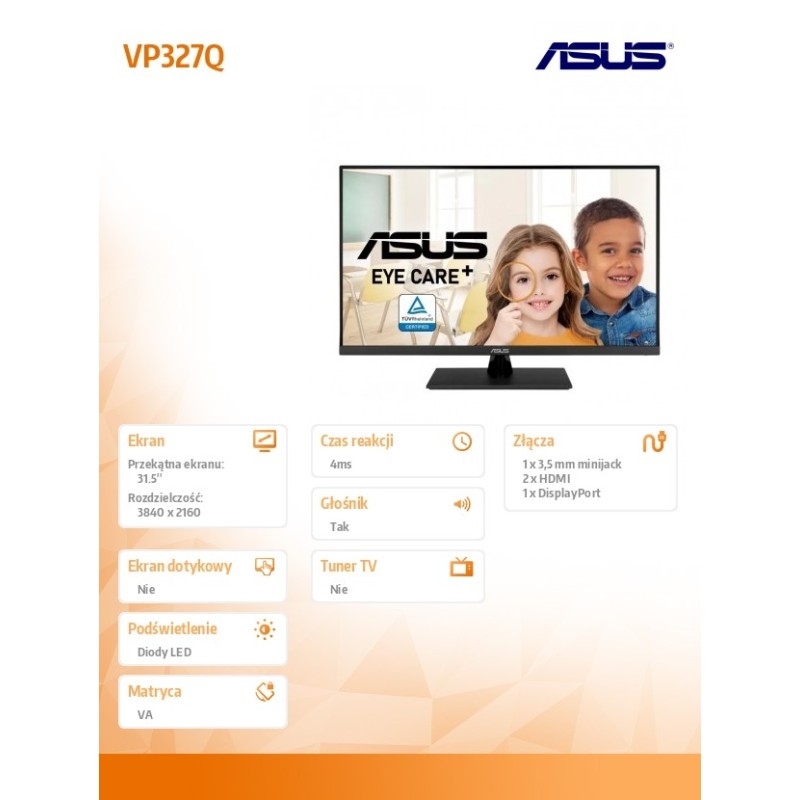 Asus Monitor 31.5 cala VP327Q EYE CAE 4K UHD DP HDMI | PartsPC.pl