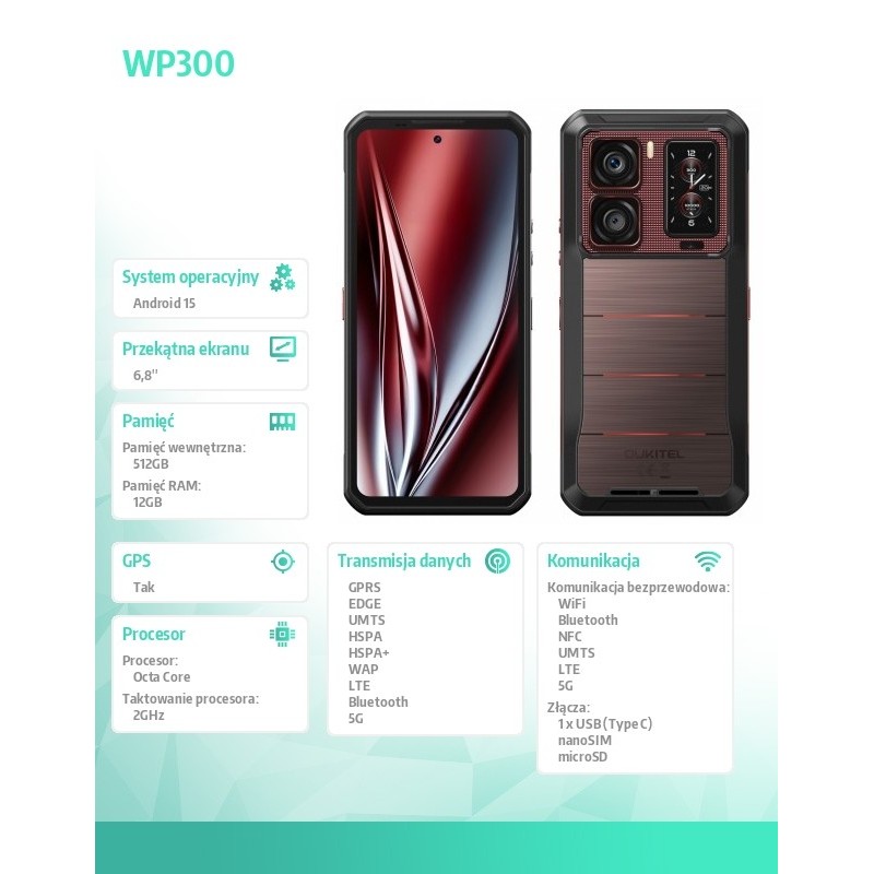 OUKITEL Smartfon WP300 5G 12/512GB IP69K Czerwony | PartsPC.pl