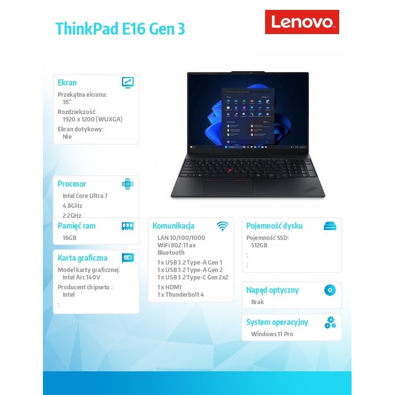 Laptop ThinkPad E16 G3 22AY001SPB W11Pro Ultra 7 256V/16GB/5… | PartsPC.pl