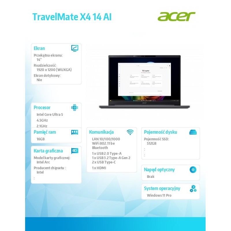 Notebook TravelMate X4 14 AI TMX414-51-TCO Ultra5 226V 16GB/… | PartsPC.pl