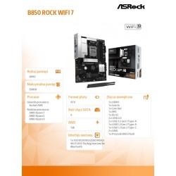 ASRock Płyta główna B850 ROCK WIFI 7 AM5 4DDR5 ATX | PartsPC.pl
