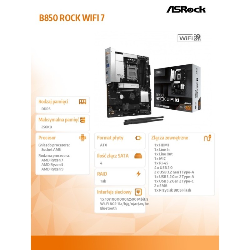 ASRock Płyta główna B850 ROCK WIFI 7 AM5 4DDR5 ATX | PartsPC.pl