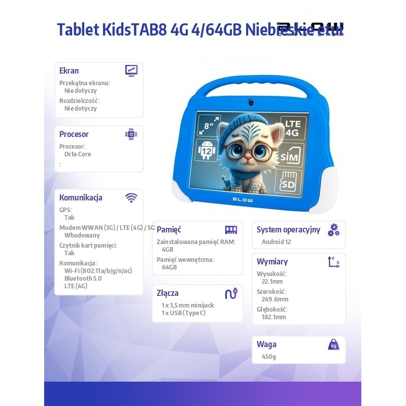 BLOW Tablet KidsTAB8 4G 4/64GB Niebieskie etui | PartsPC.pl
