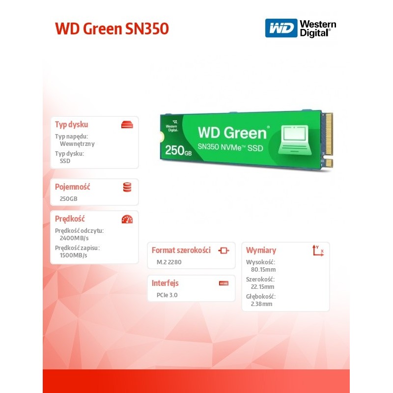 Dysk SSD WD Green SN350 250GB M.2 2280 PCIe NVMe (2400/1500 … | PartsPC.pl