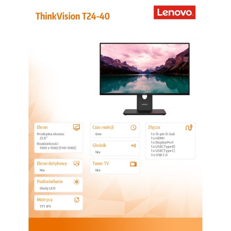 Lenovo Monitor ThinkVision 23.8 cala T24-40 64A4MATXEU | PartsPC.pl