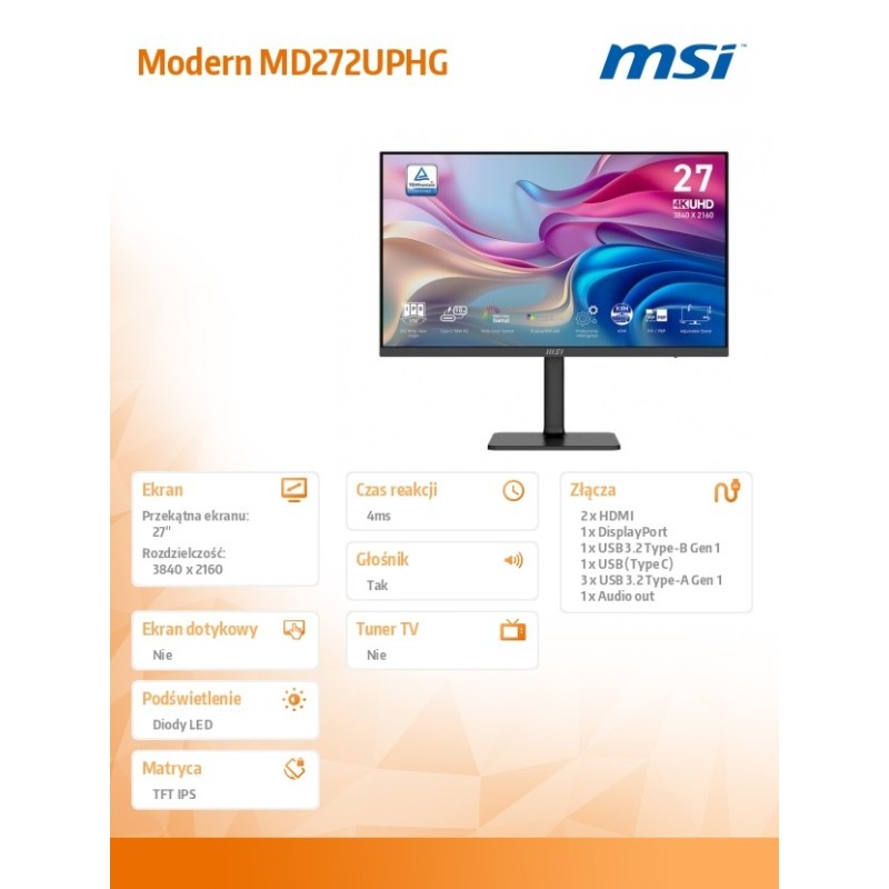 MSI Monitor Modern MD272UPHG 27 cali/LED/UHD/Flat/60Hz/Czarn… | PartsPC.pl