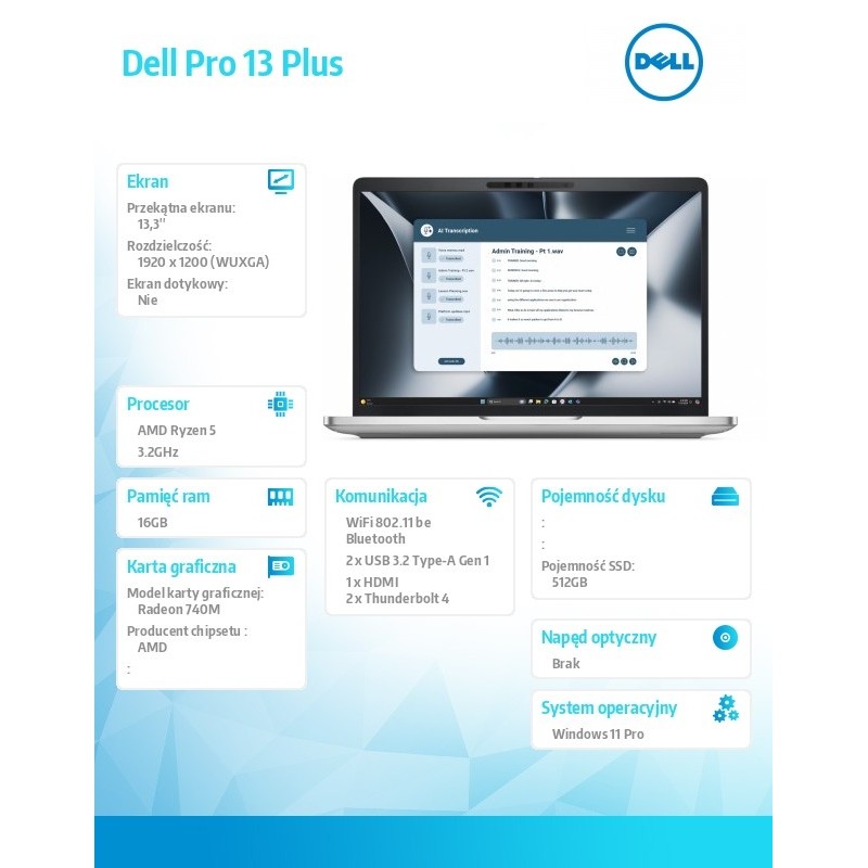 Laptop Dell Pro 13 Plus PB13255/AMD Ryzen 5 220/16GB/512GB S… | PartsPC.pl