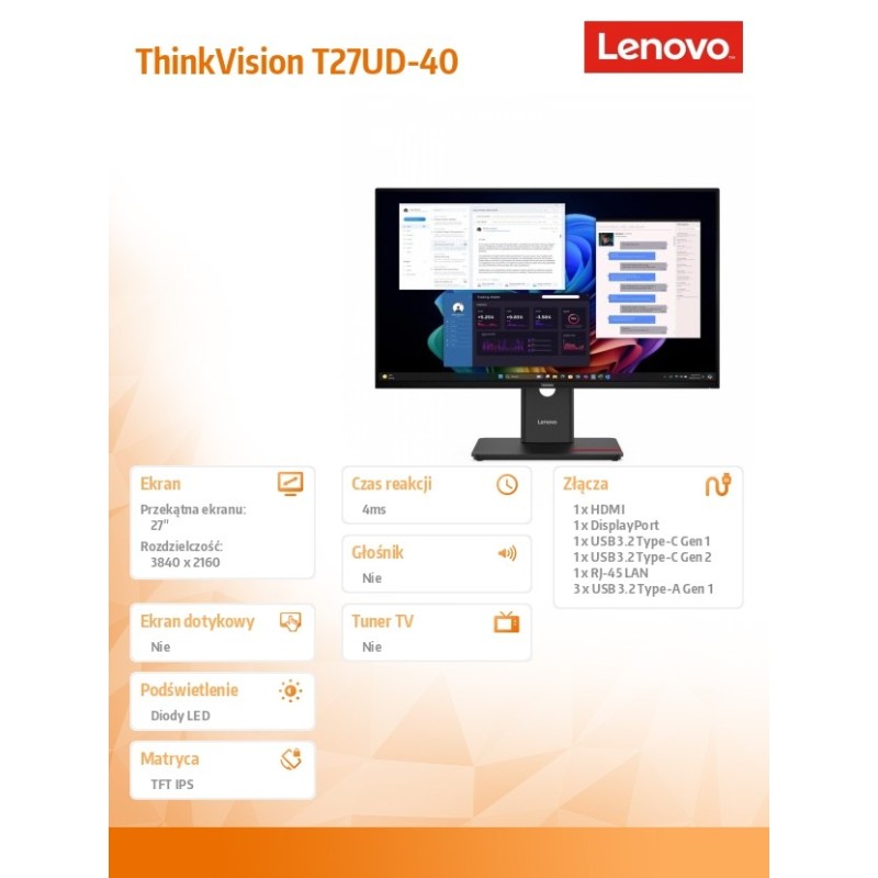 Lenovo Monitor 27 cali ThinkVision T27UD-40 64AFGAT2EU | PartsPC.pl