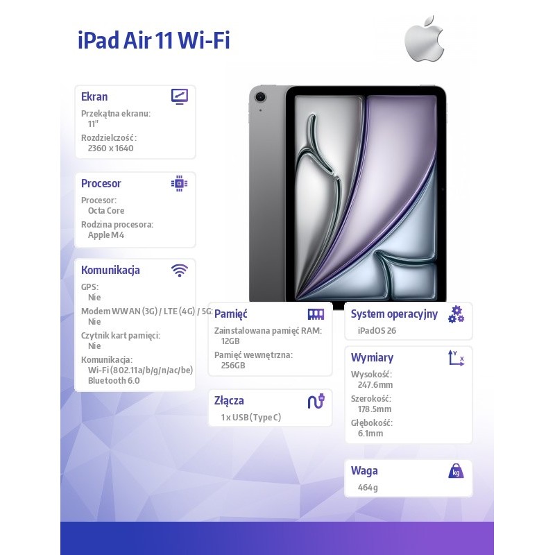 Apple iPad Air 11 cali WiFi 256GB Gwiezdna szarość | PartsPC.pl