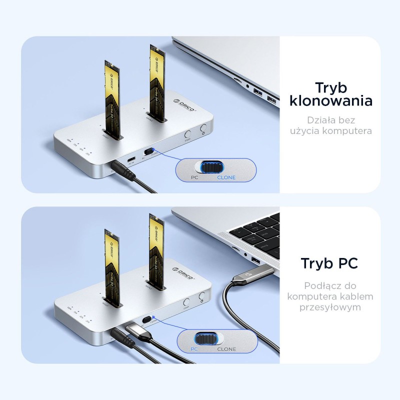 Orico Stacja klonująca dyski, 2x M.2 NVMe/SATA, USB-C 20Gbps | PartsPC.pl