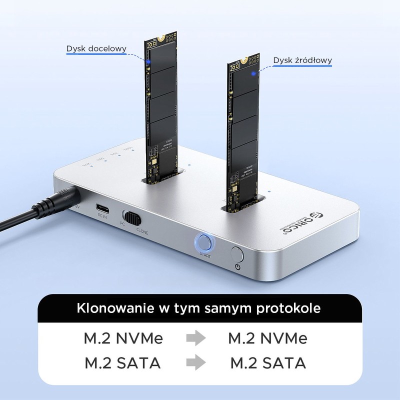 Orico Stacja klonująca dyski, 2x M.2 NVMe/SATA, USB-C 20Gbps | PartsPC.pl