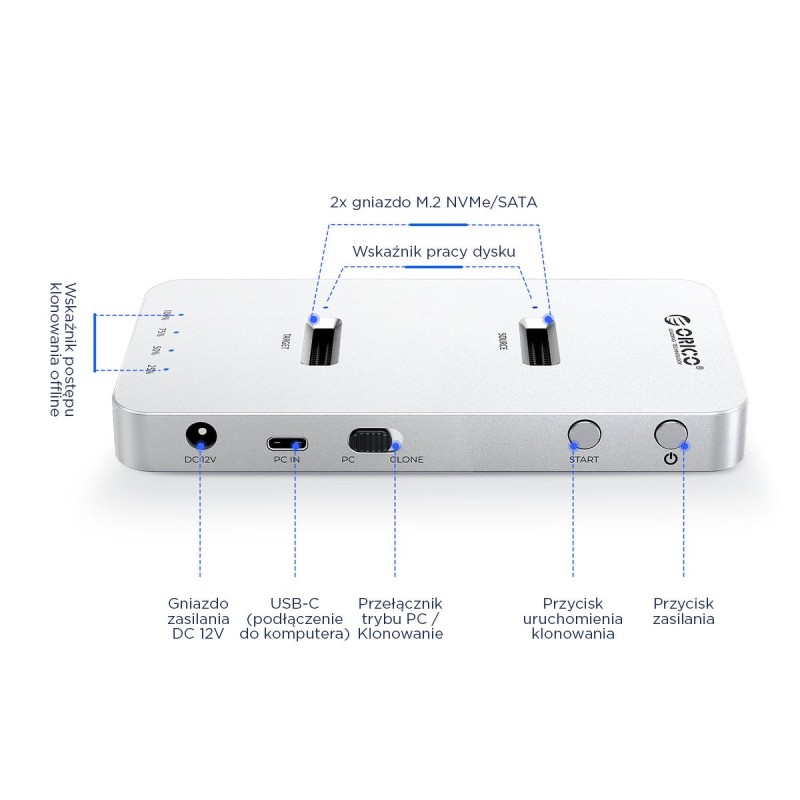Orico Stacja klonująca dyski, 2x M.2 NVMe/SATA, USB-C 20Gbps | PartsPC.pl
