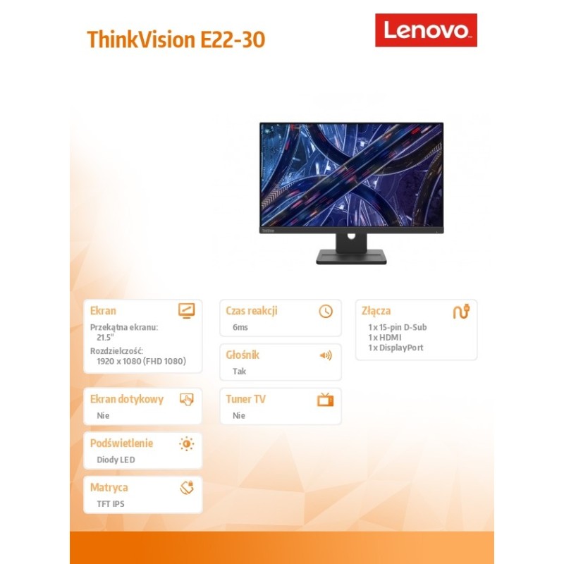 Lenovo Monitor 21.5 ThinkVision E22-30 WLED LCD 63EBMAT2EU… | PartsPC.pl