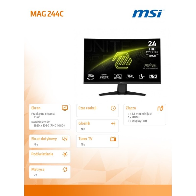 MSI Monitor 23.6 cala MAG 244C LED/FHD/Curved/180Hz/czarny… | PartsPC.pl