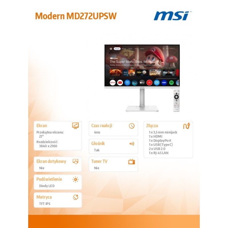 MSI Monitor 27 cali Modern MD272UPSW LED/UHD/Flat/60Hz/biały… | PartsPC.pl